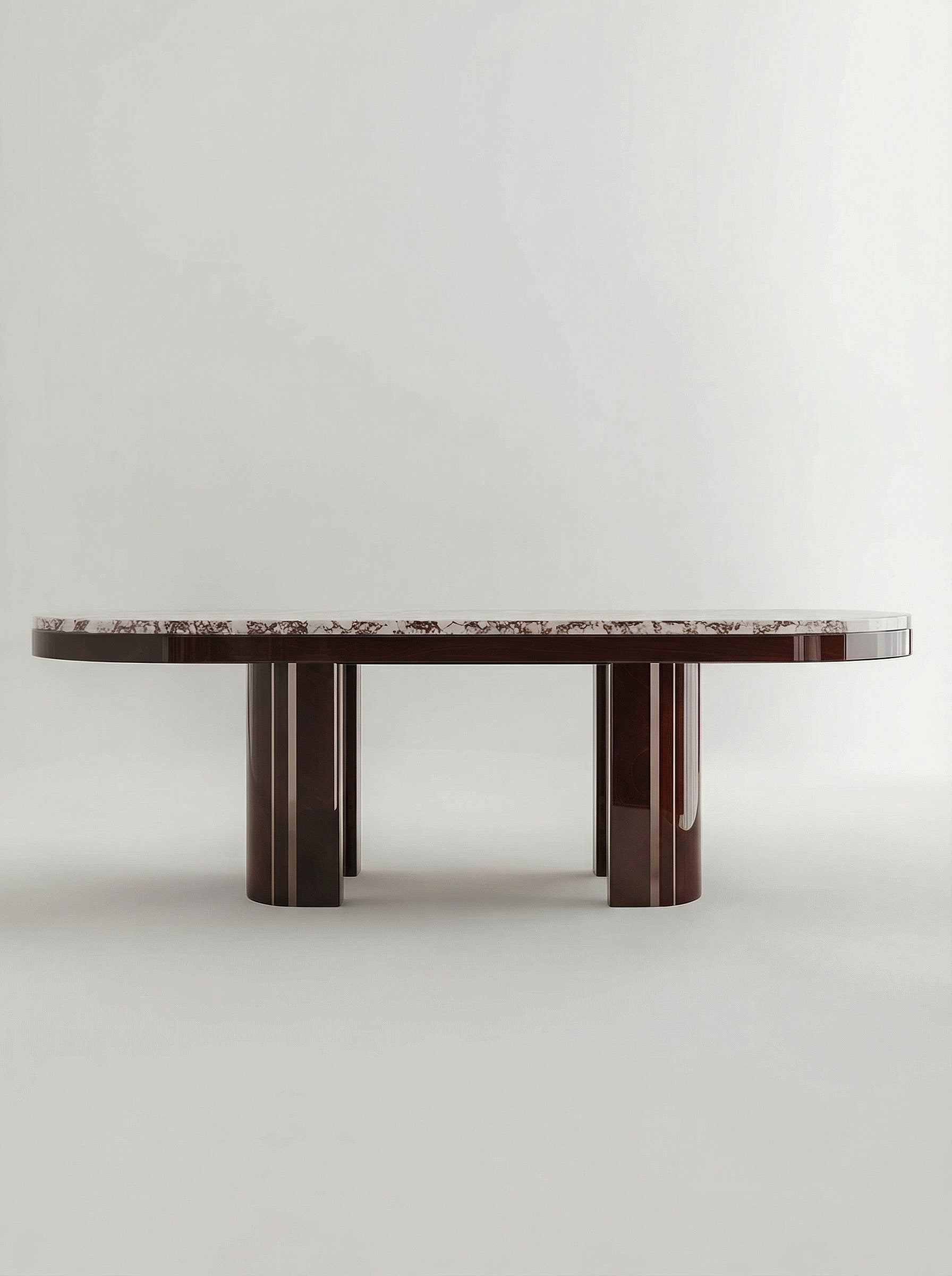 Gio brown Calacatta Viola marble dining table lifestyle view showcasing Italian luxury design