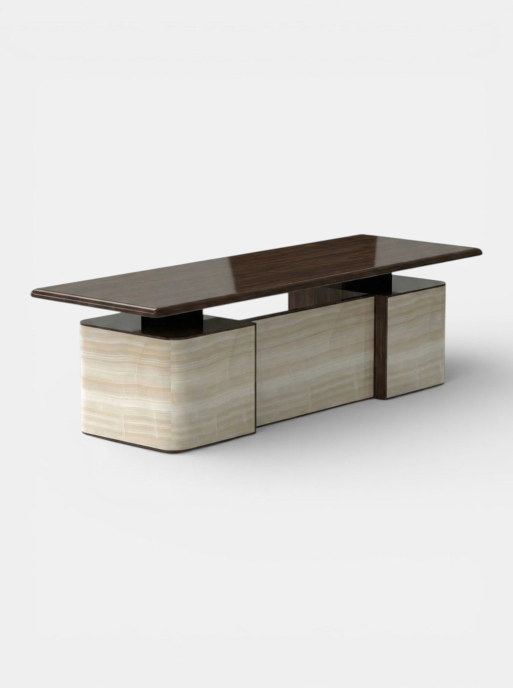 Holly ivory onyx and wood desk front view - contemporary Italian marble wood executive desk