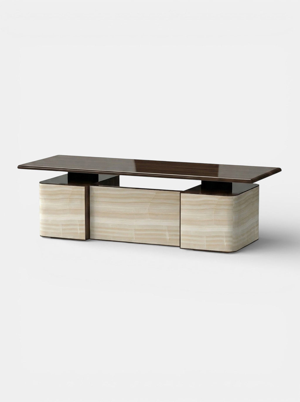 Holly ivory onyx and wood desk alternative angle - luxury Italian marble wood workspace furniture