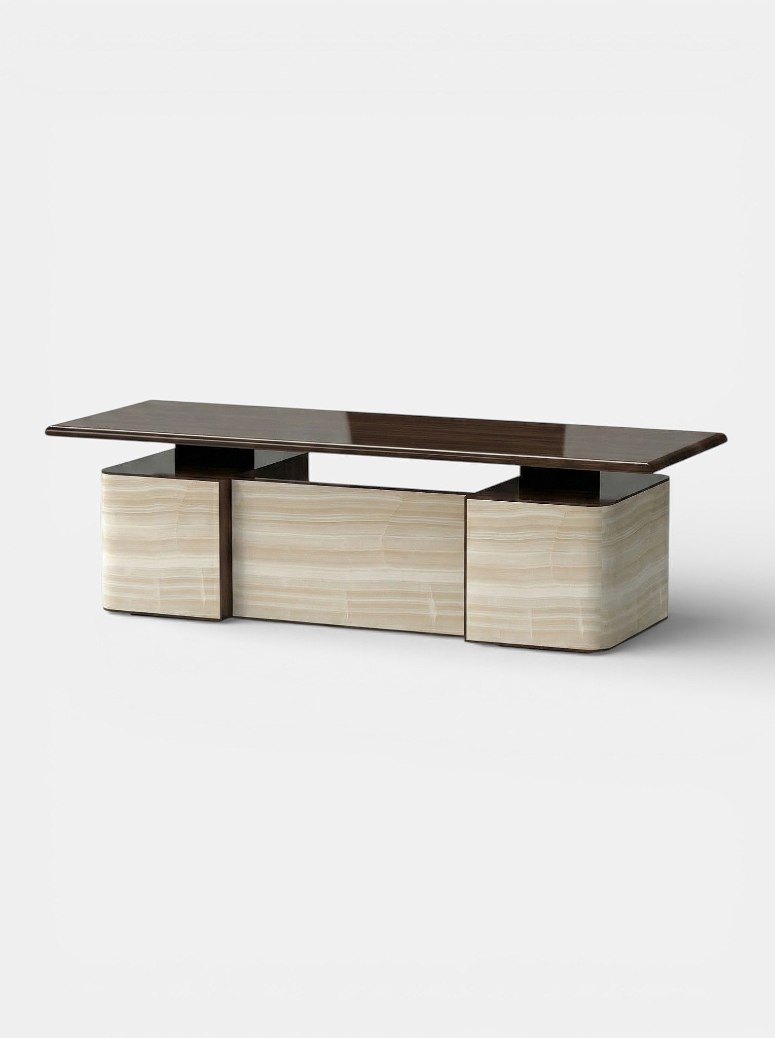 Holly ivory onyx and wood desk alternative angle - luxury Italian marble wood workspace furniture