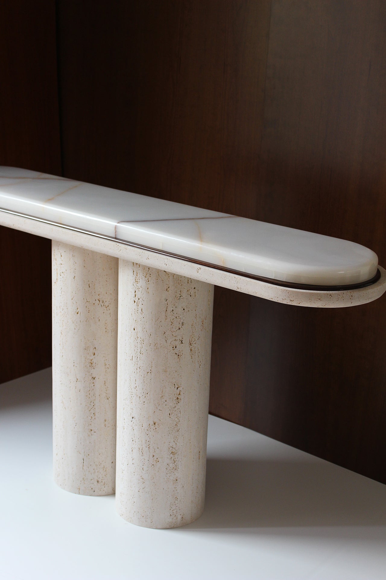 Italian travertine onyx console - Ida model luxury marble furniture - ambient lighting showcase
