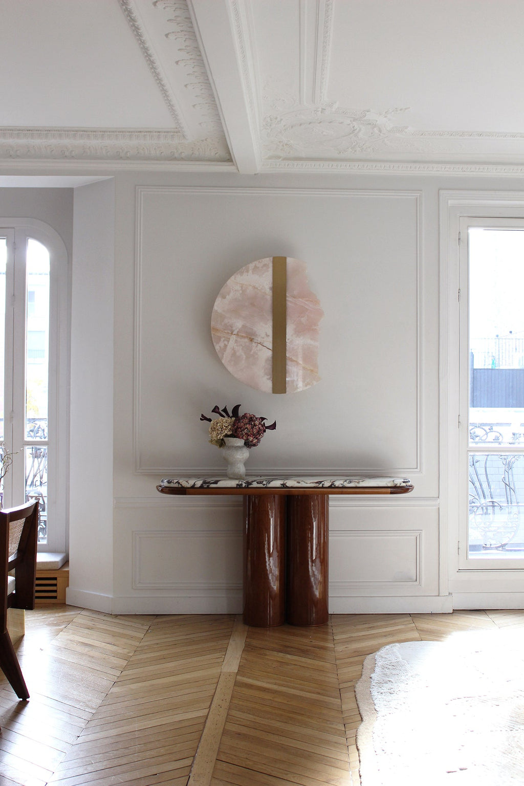 Calacatta Viola marble wood Ida console - luxury Italian furniture with natural wood grain contrast