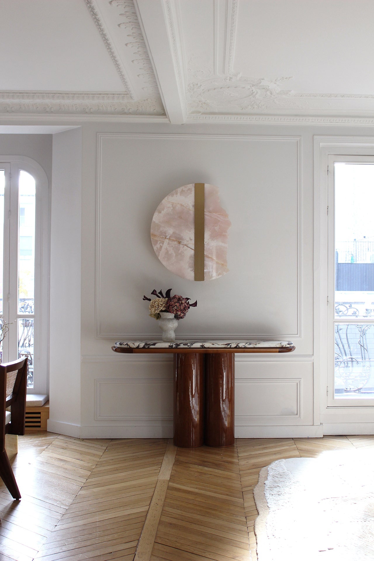Calacatta Viola marble wood Ida console - luxury Italian furniture with natural wood grain contrast
