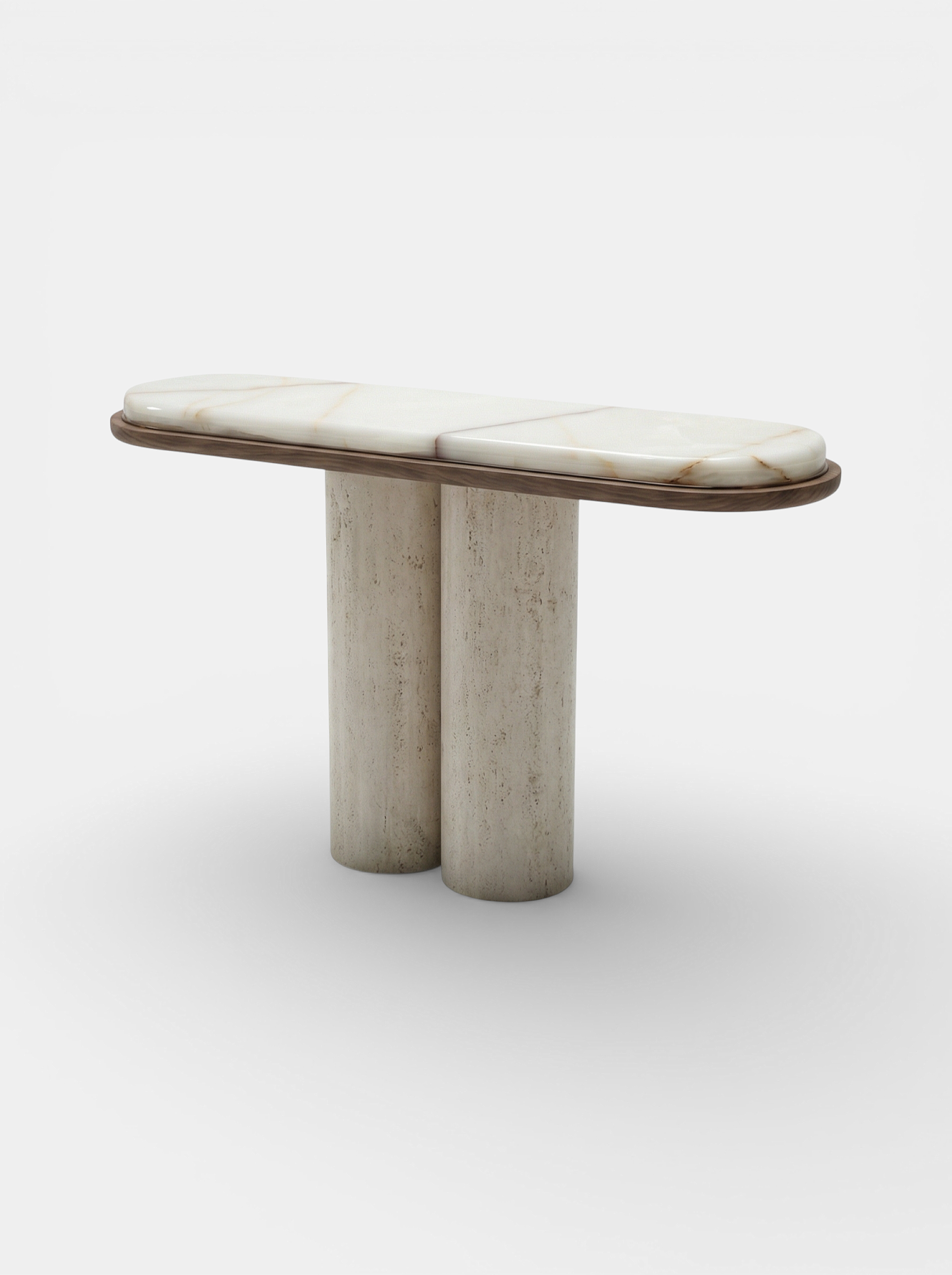Luxury Ida console travertine wood onyx - Italian crafted mixed media furniture - angled perspective