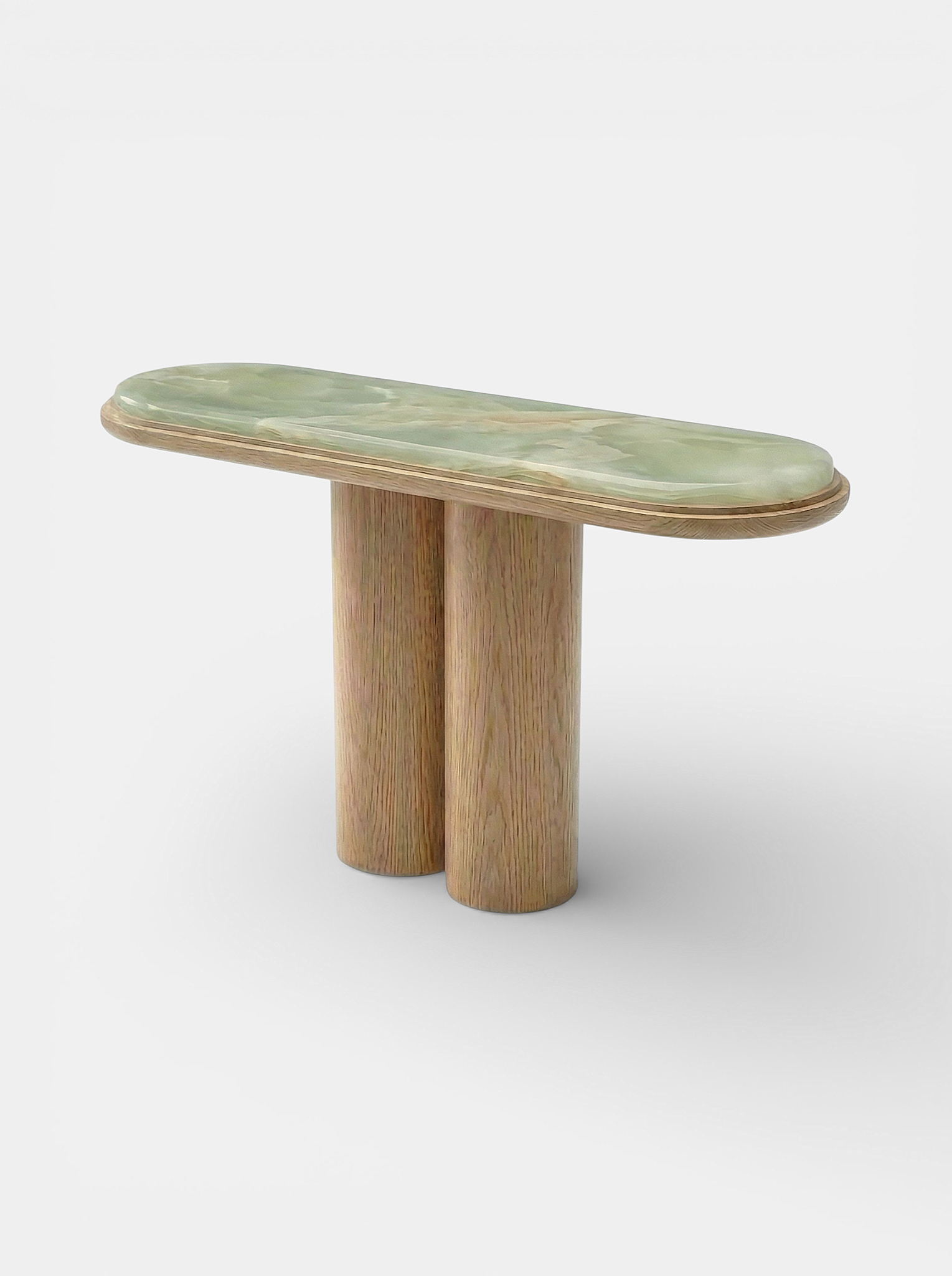 Detail Ida oak and green onyx console - premium Italian furniture showcasing wood and marble contrast