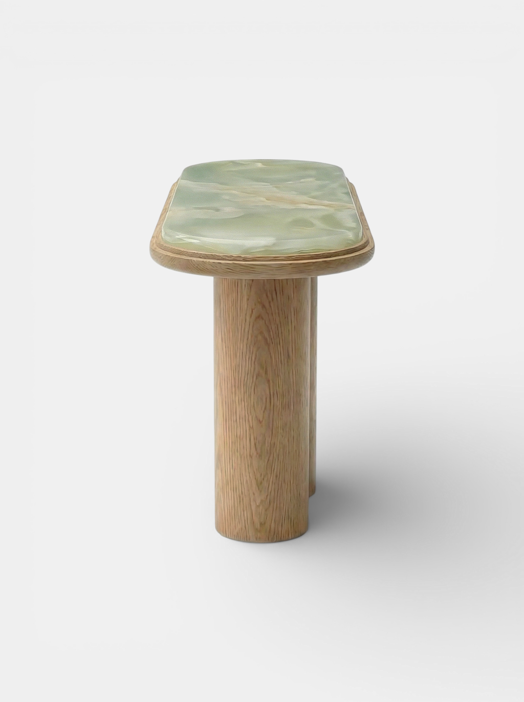 Side view Ida oak and green onyx console table - Italian luxury furniture natural materials design
