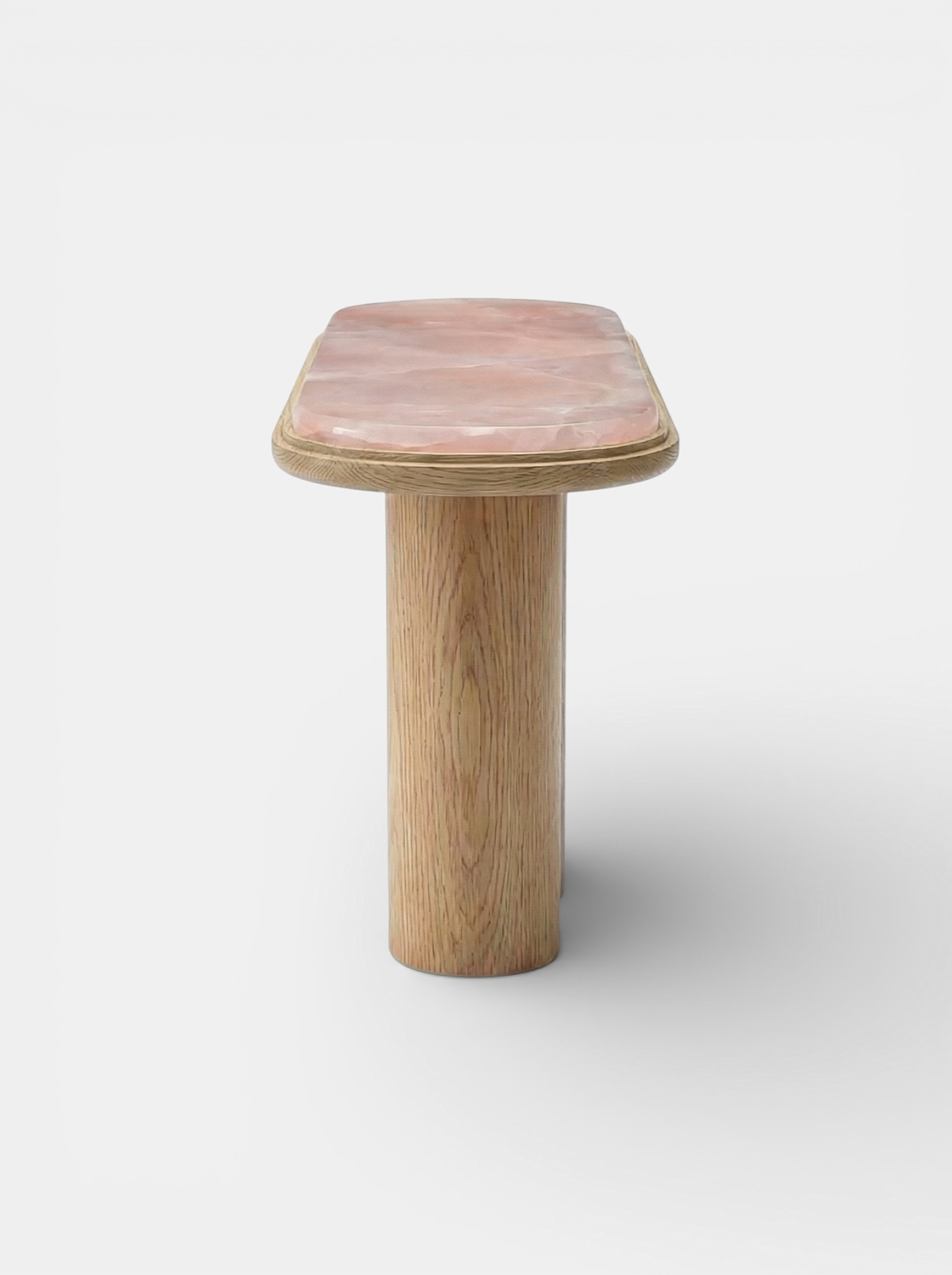 Side view Ida oak and pink onyx console - MARBERA Italian premium furniture with blush marble accent