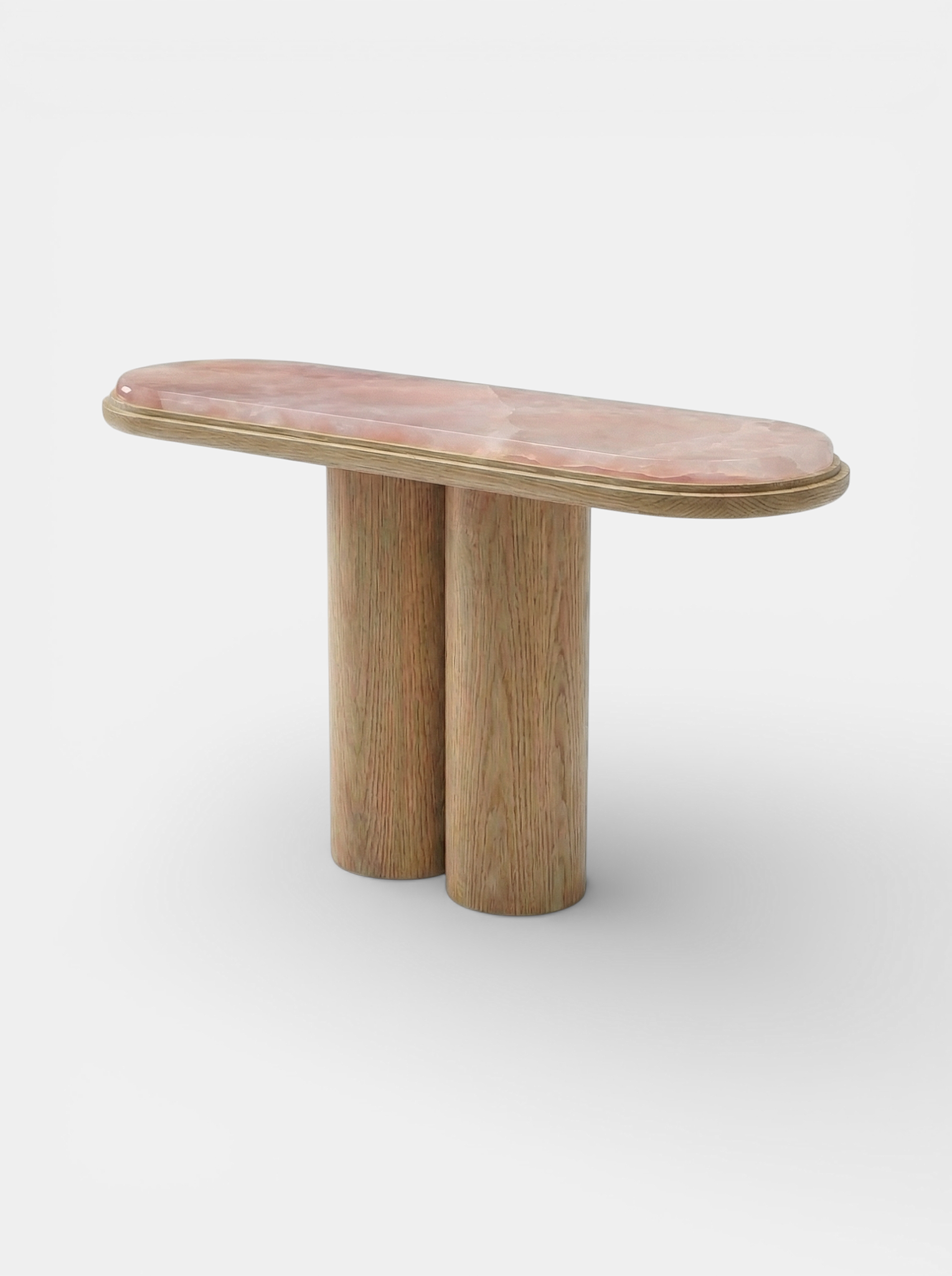 Detail Ida oak and pink onyx console table - Italian luxury furniture showcasing natural wood and marble