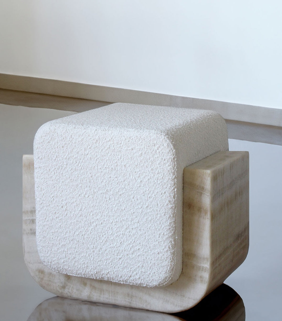 Oggi stool ivory onyx with boucle - Italian marble furniture featuring cream stone - profile view
