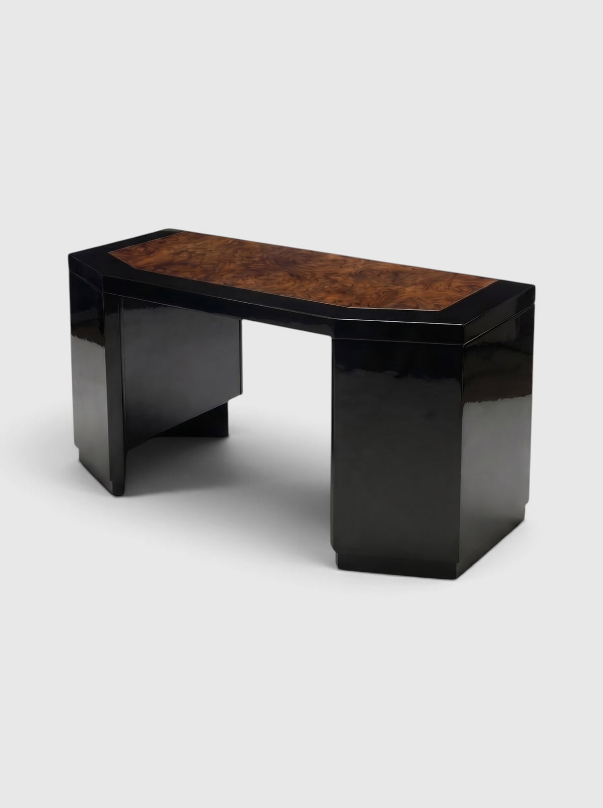 James desk in black lacquered wood with burl wood inlay top, front view - Marbera
