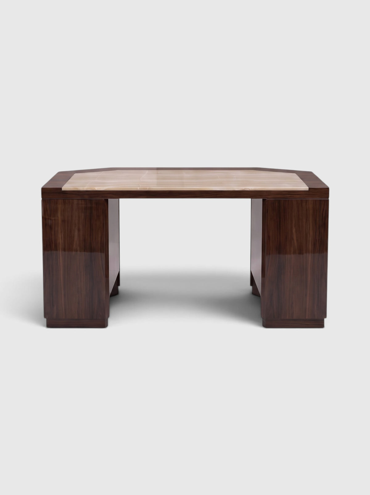 James desk in glossy wood with ivory onyx inlay top, three-quarter view - Marbera