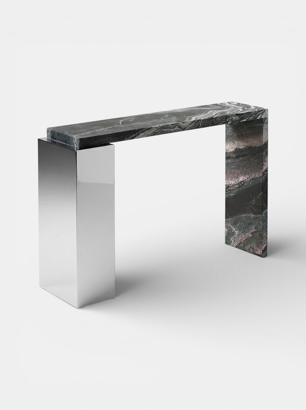Right angle view of Cipolino marble Jill console showcasing distinctive green stone patterns and steel