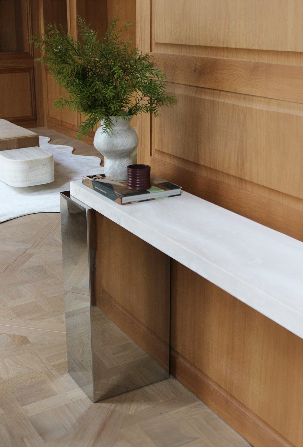 MARBERA travertine Jill console detail highlighting natural marble characteristics and Italian craftsmanship