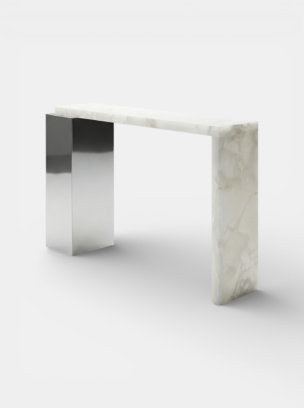 Left angle view white onyx Jill console highlighting translucent marble characteristics and modern form