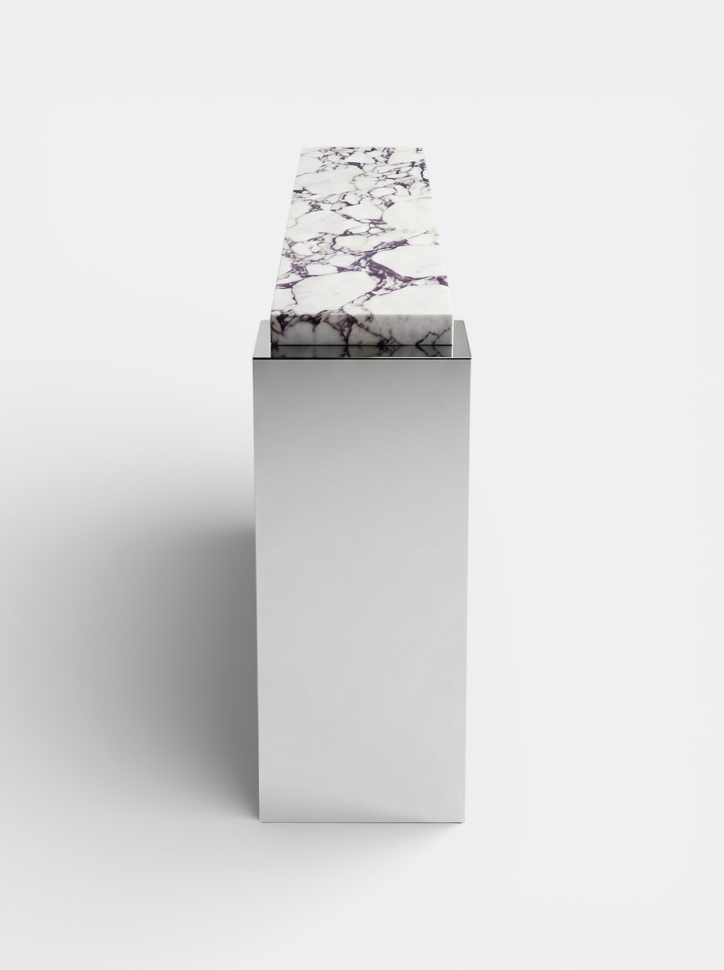 Back view of Jill console Calacatta Viola marble demonstrating complete design and finishing details