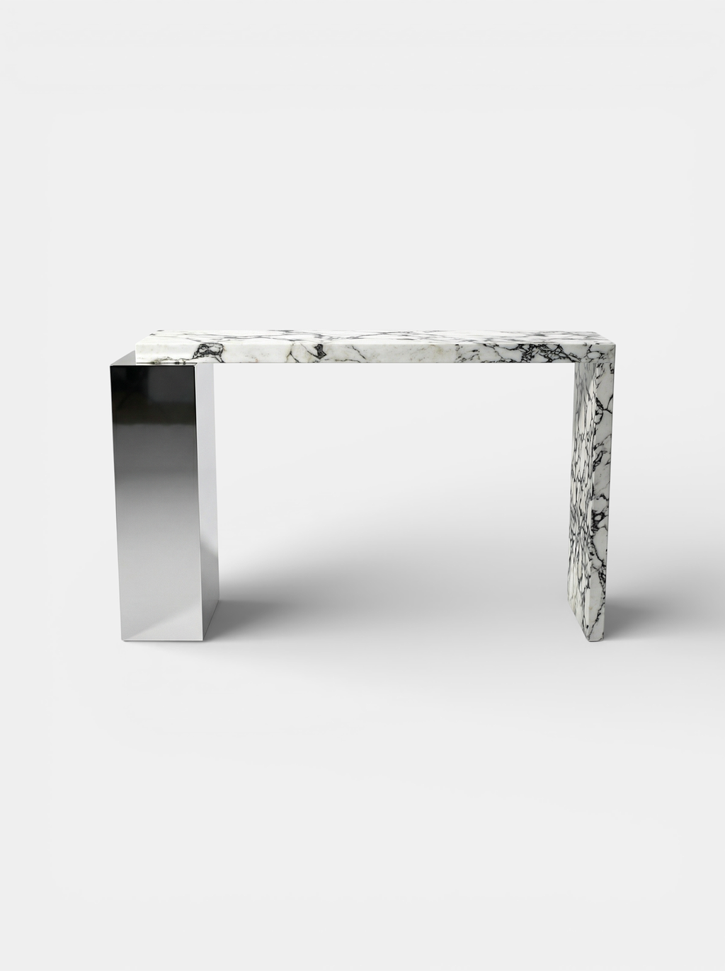Front elevation of Calacatta Viola Jill console showing marble top with purple veins and steel base
