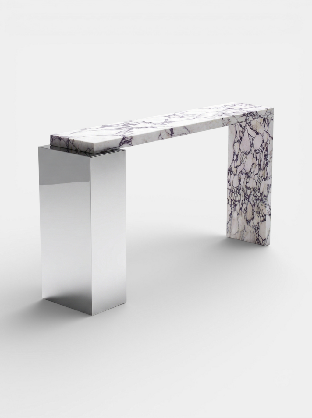 Technical view of Calacatta Viola Jill console displaying marble top and stainless steel base construction