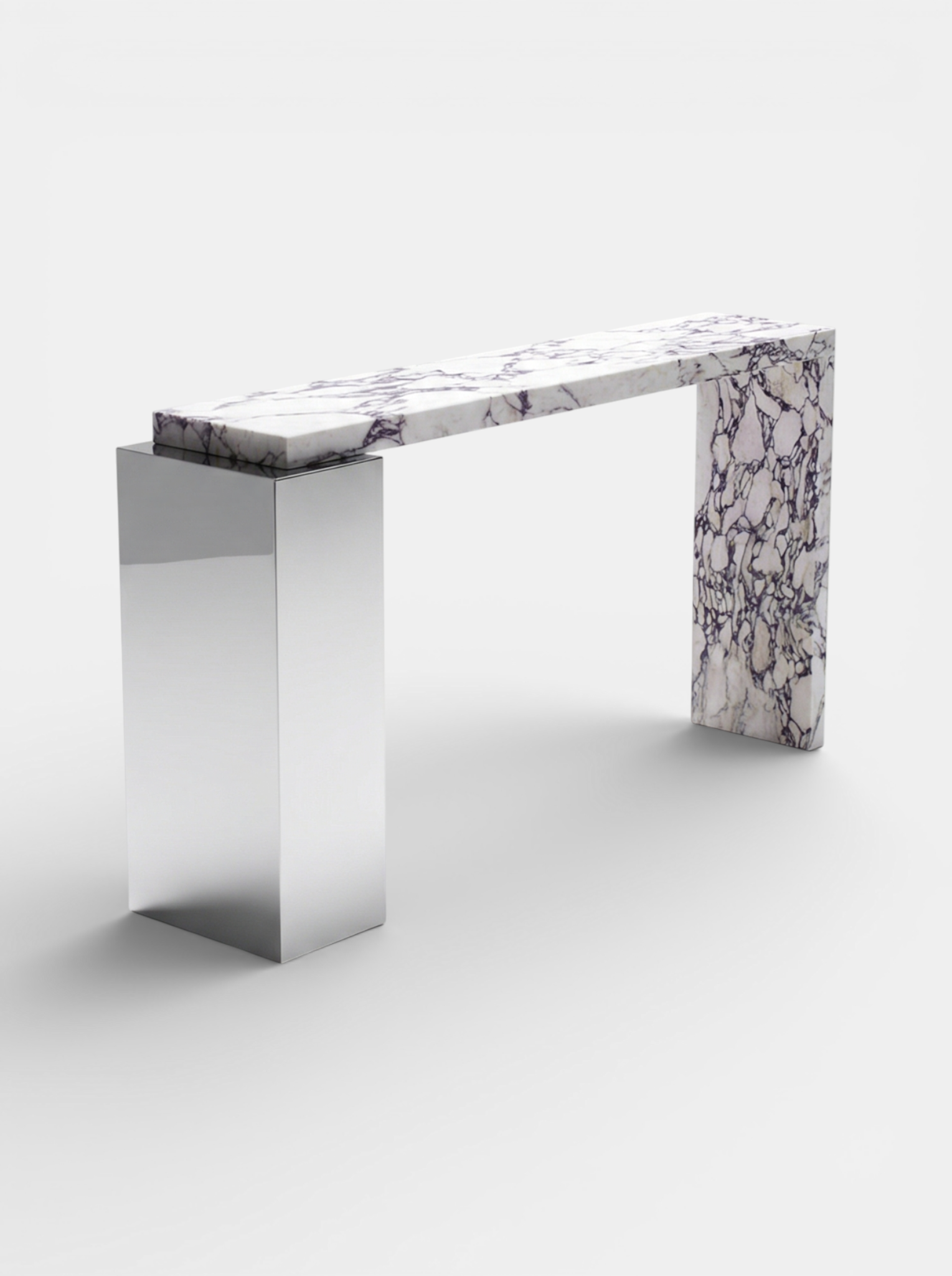 Technical view of Calacatta Viola Jill console displaying marble top and stainless steel base construction
