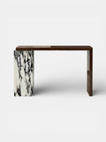 Luxury Italian console table combining warm wood with Calacatta Viola marble - front view by MARBERA