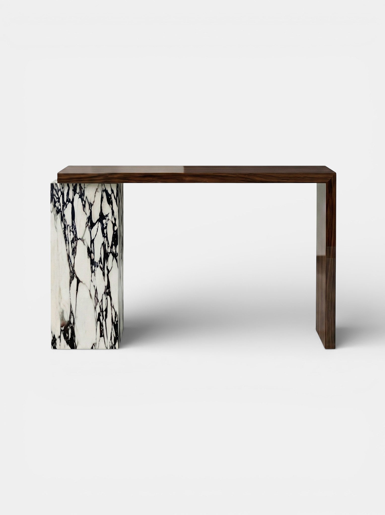 Luxury Italian console table combining warm wood with Calacatta Viola marble - front view by MARBERA