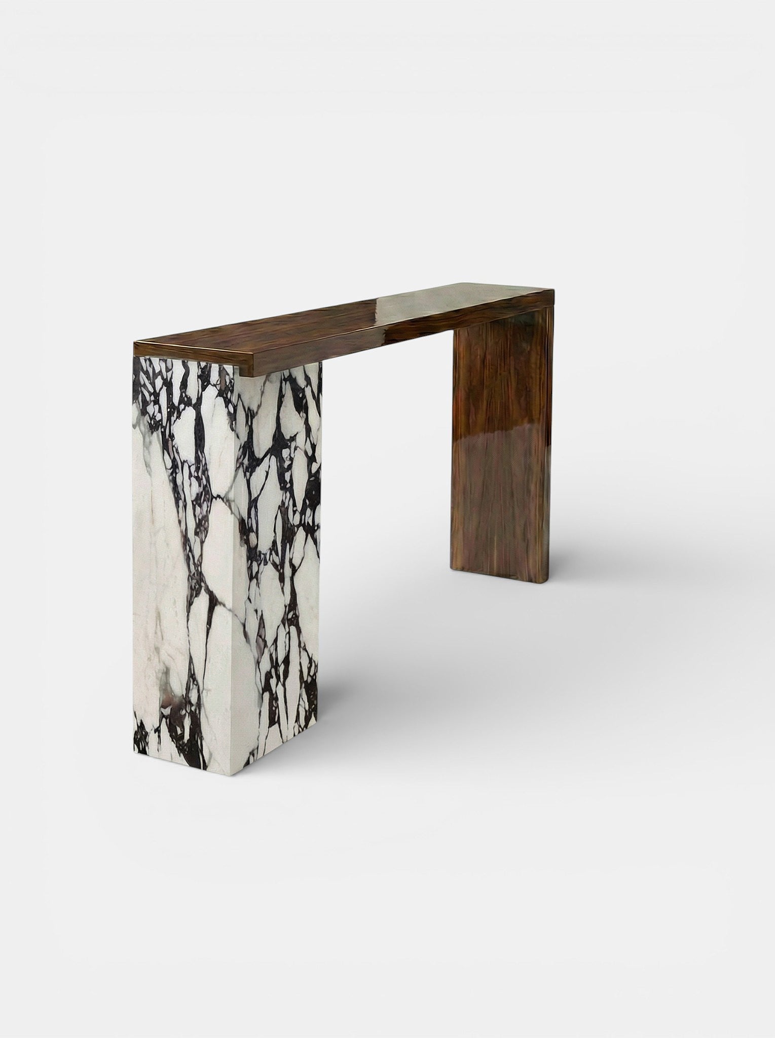 Jill console detail view showcasing wood grain and Calacatta Viola marble veining - luxury furniture