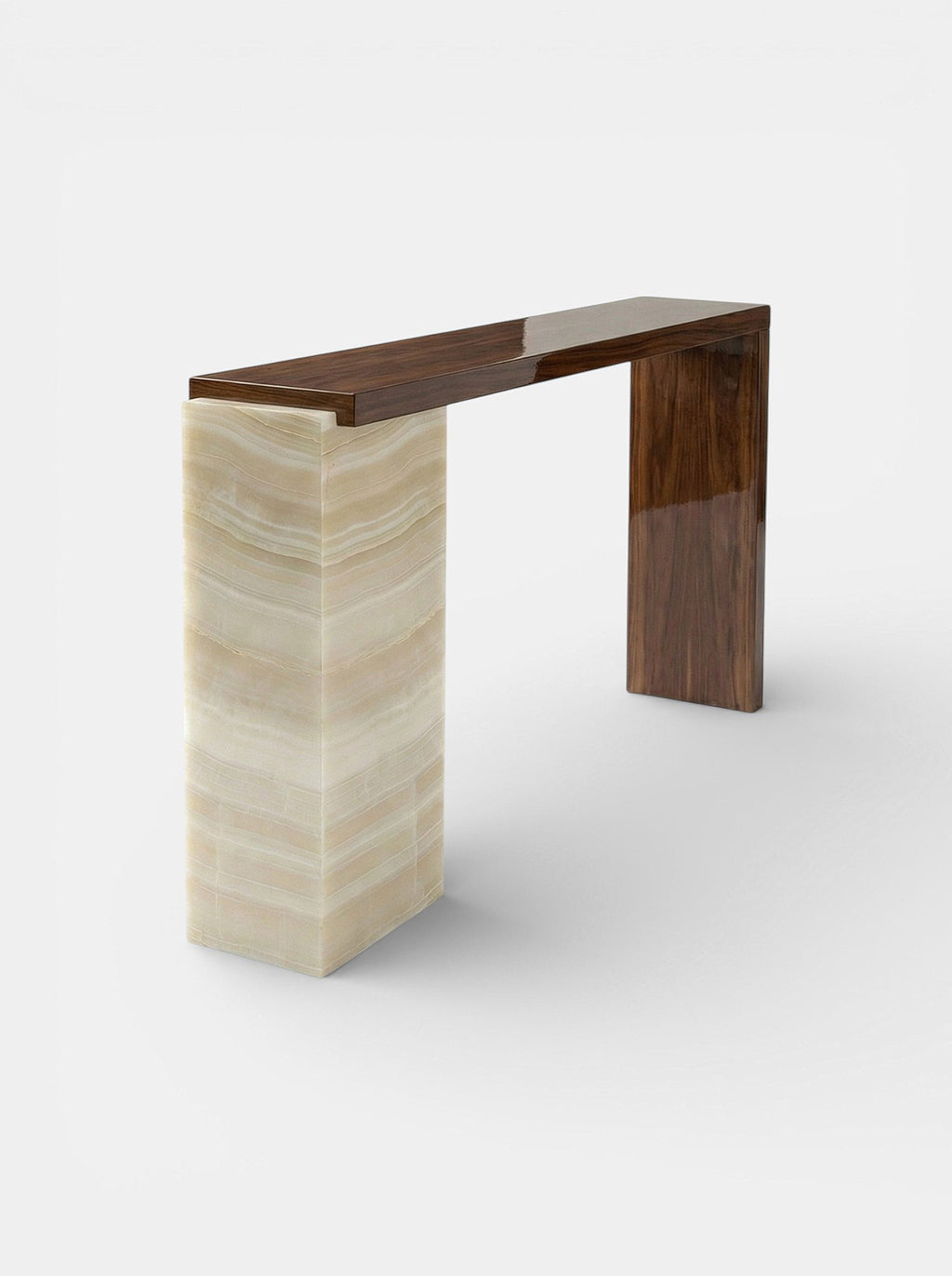 Close-up view of Jill console with polished wood and ivory onyx marble surface - luxury Italian design