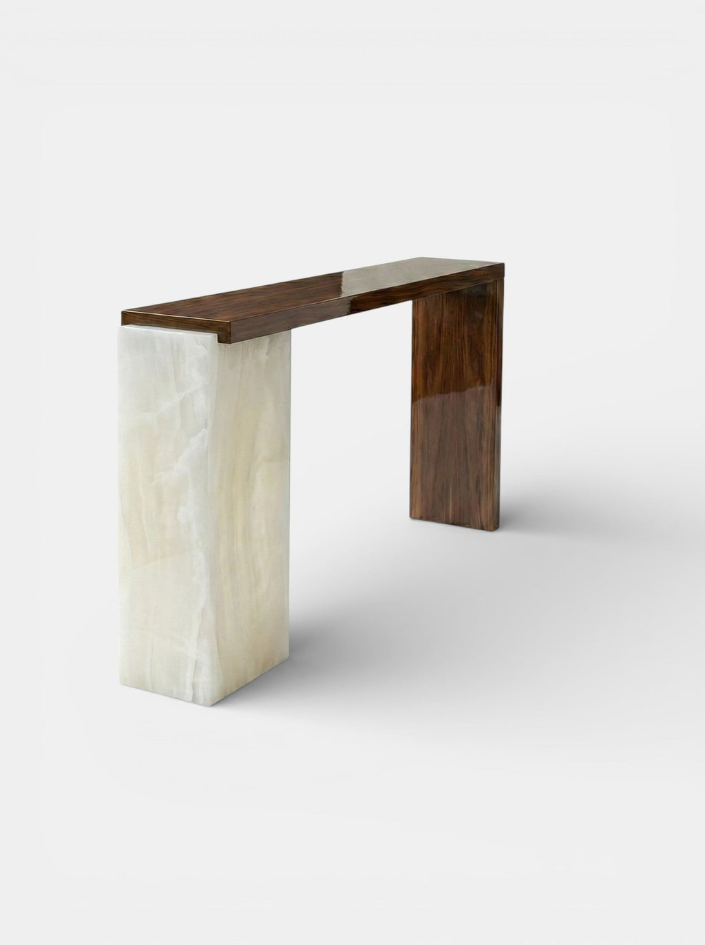 Alternative angle of Jill wood and white onyx console showcasing marble patterns - MARBERA luxury