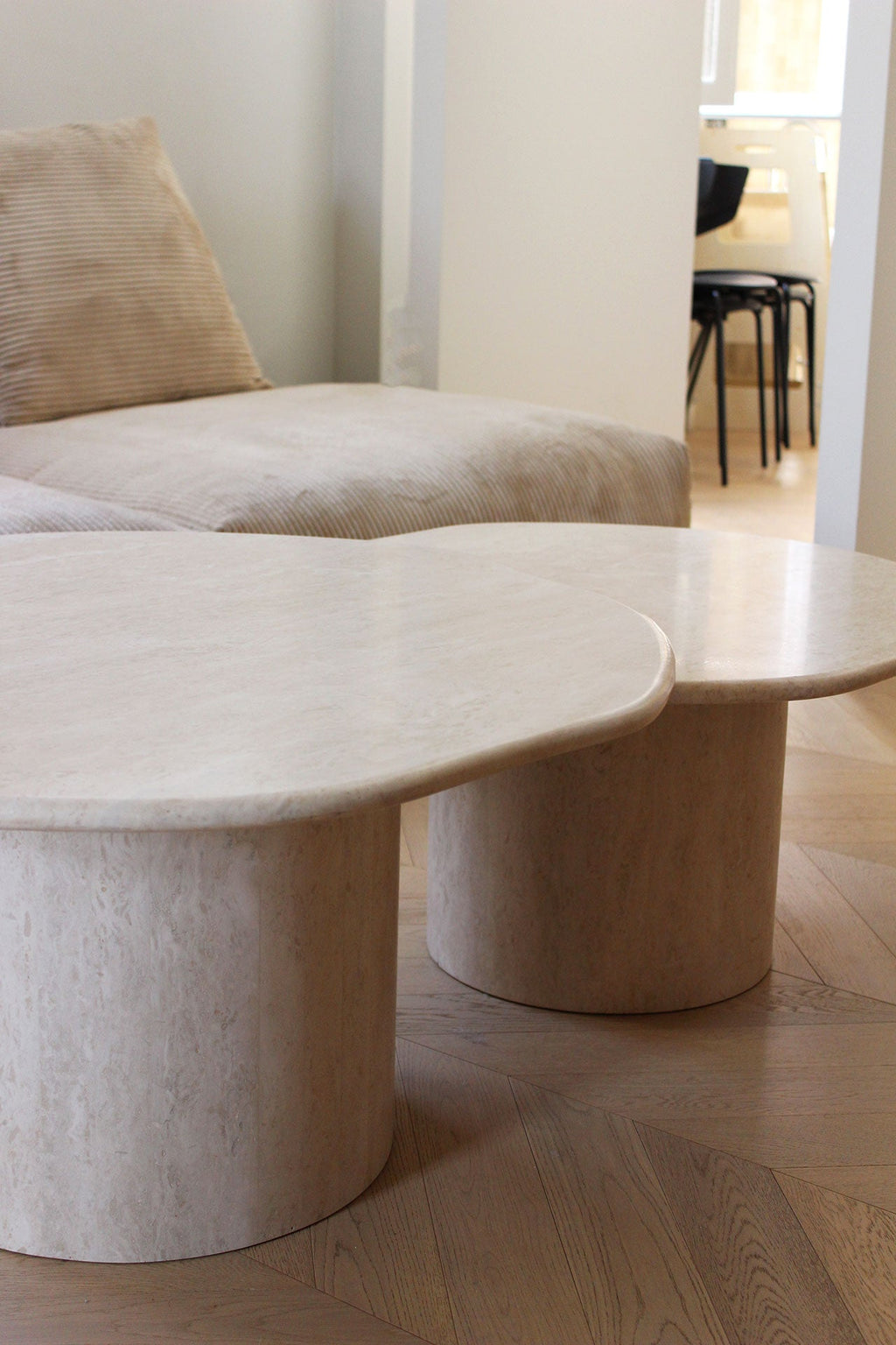 Joan Duo travertine tables arranged in modern setting - contemporary Italian marble furniture