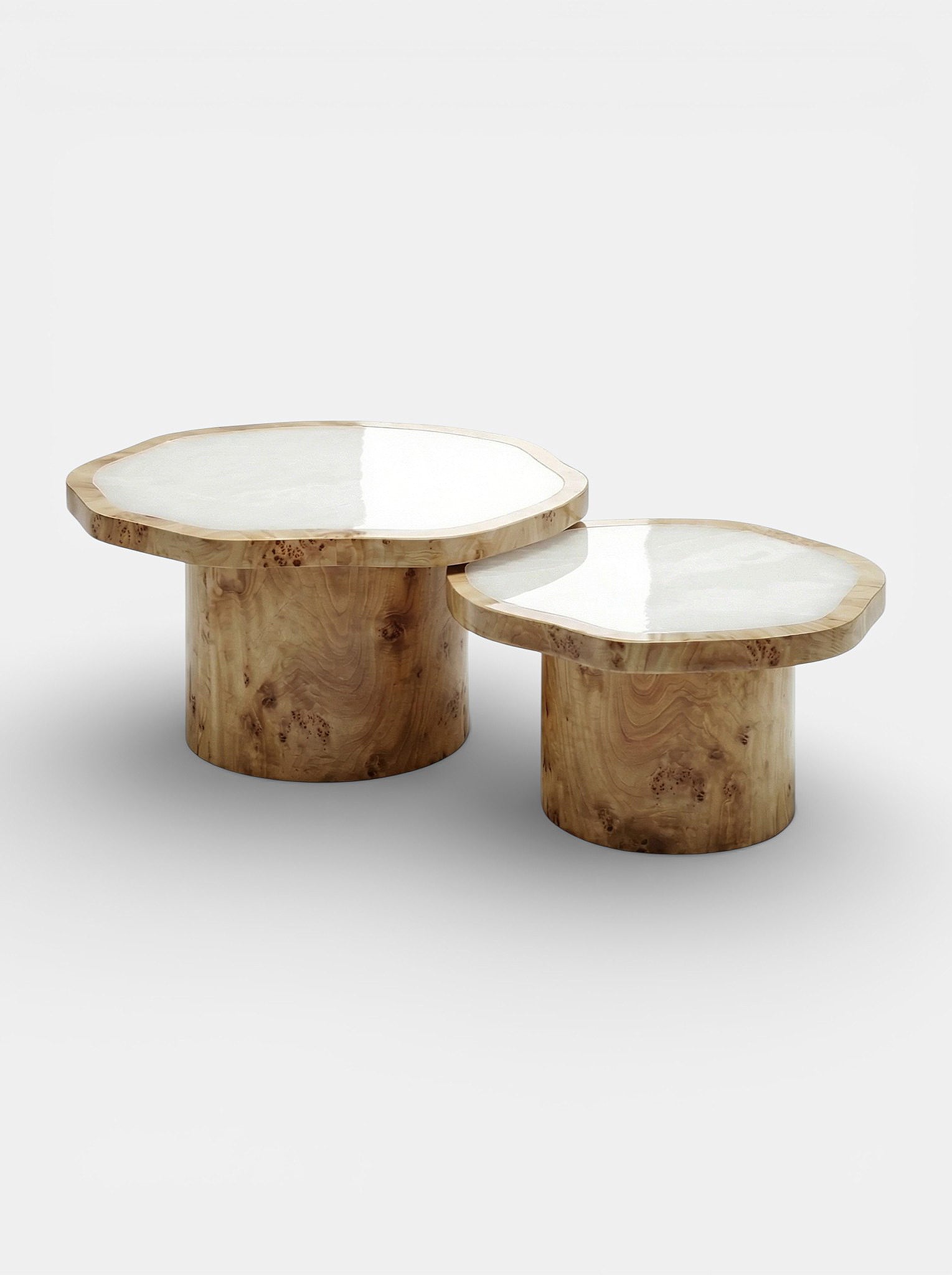 MARBERA Joan Duo coffee table burl wood white onyx - luxury Italian mixed material furniture set