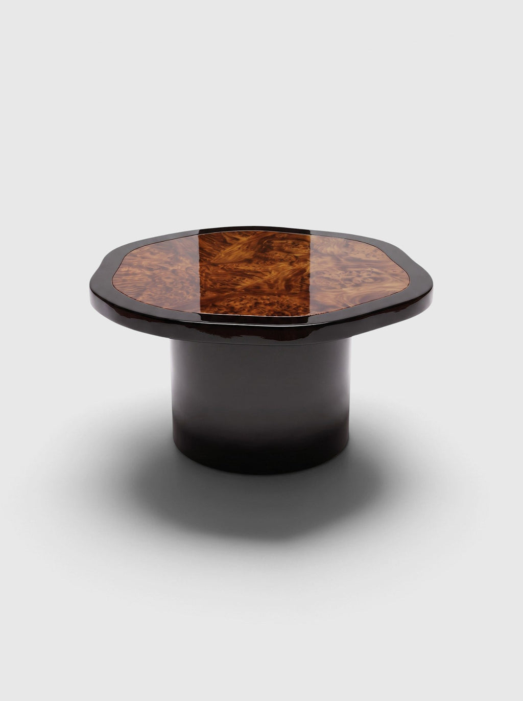 MARBERA Joan Solo black lacquered and dark burl wood coffee table, three-quarter view
