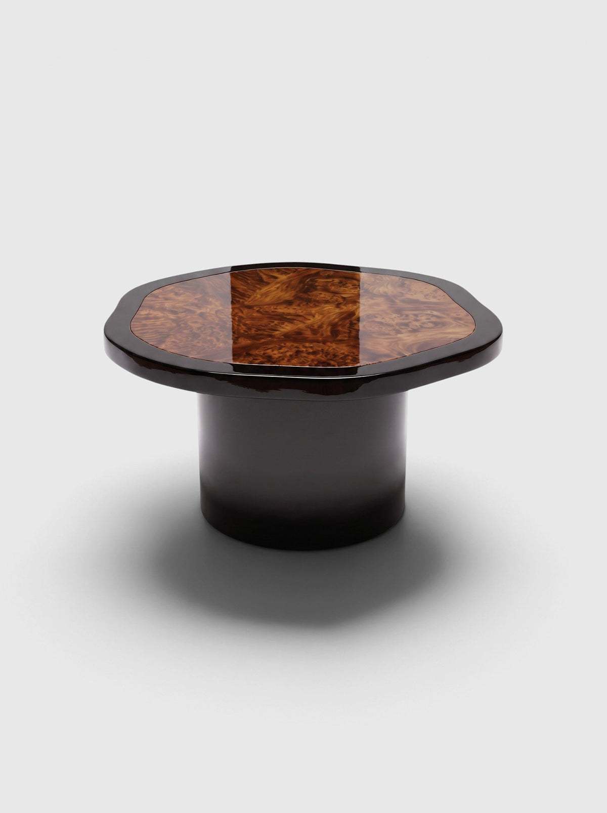 MARBERA Joan Solo black lacquered and dark burl wood coffee table, three-quarter view