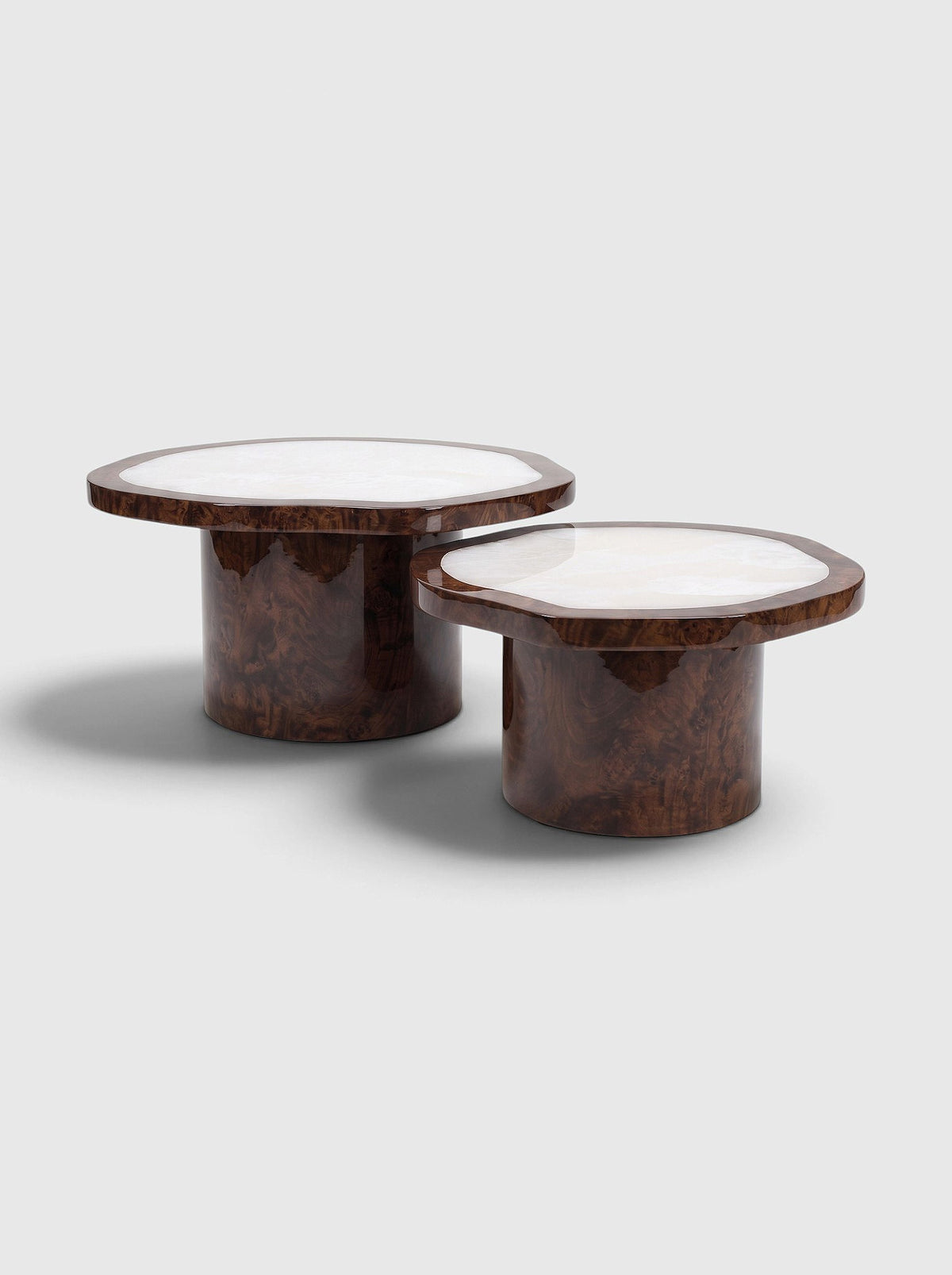 MARBERA Joan Duo coffee tables in dark glossy burl wood and white onyx, Italian luxury furniture
