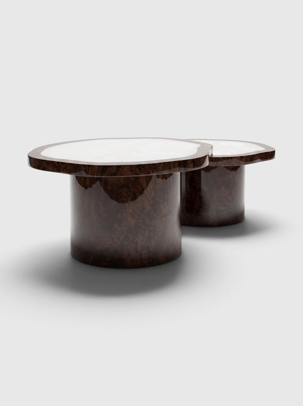 MARBERA Joan Duo burl wood and white onyx coffee tables, detail of the organic shaped tops