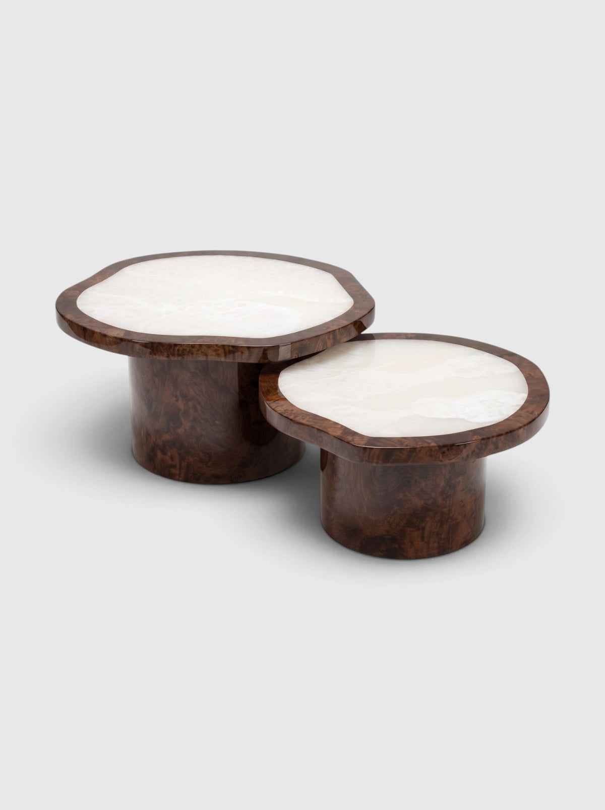 MARBERA Joan Duo burl wood and white onyx coffee tables, side view
