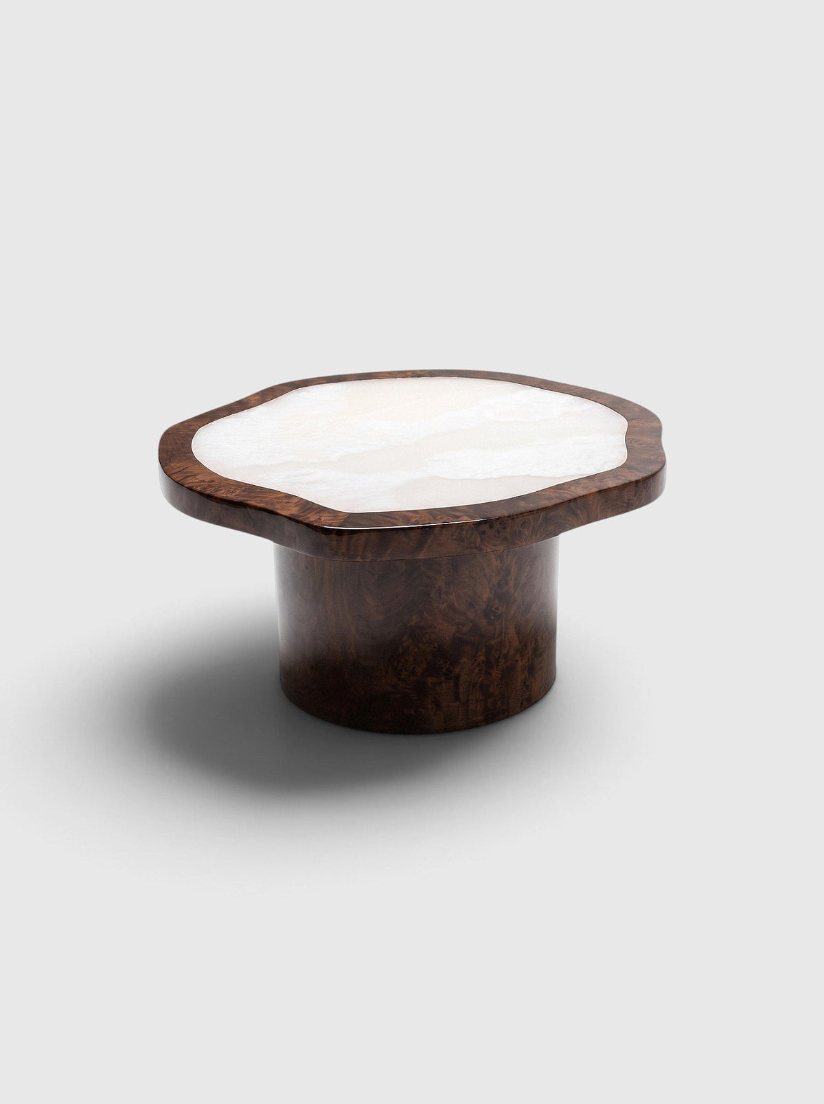 MARBERA Joan Solo coffee table in dark glossy burl wood and white onyx, Italian luxury furniture