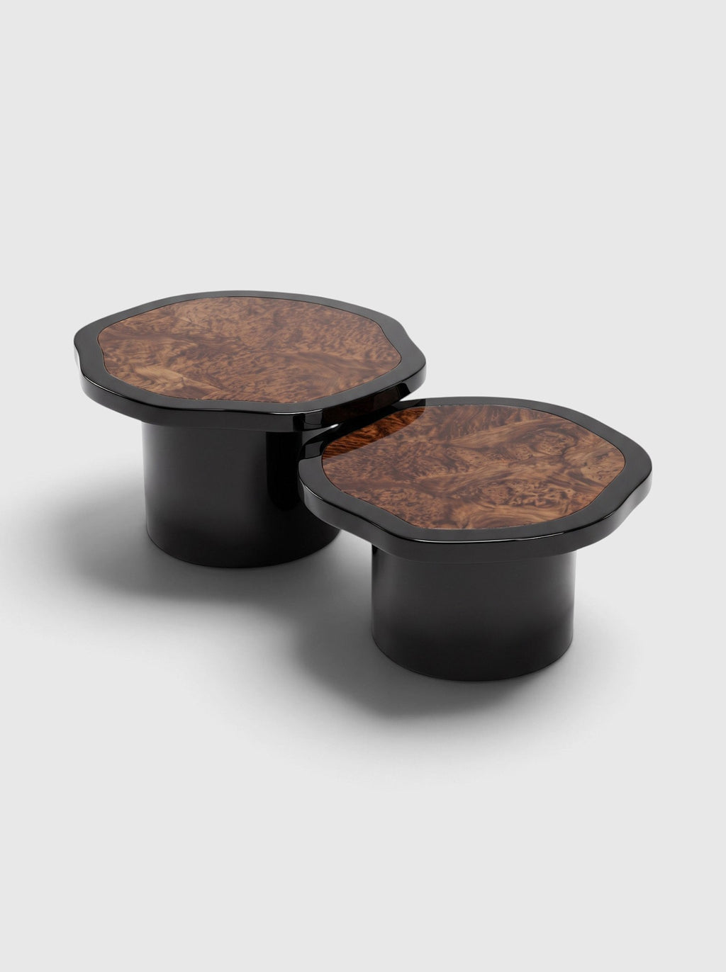 MARBERA Joan Duo black lacquered and dark burl wood coffee tables, three-quarter view