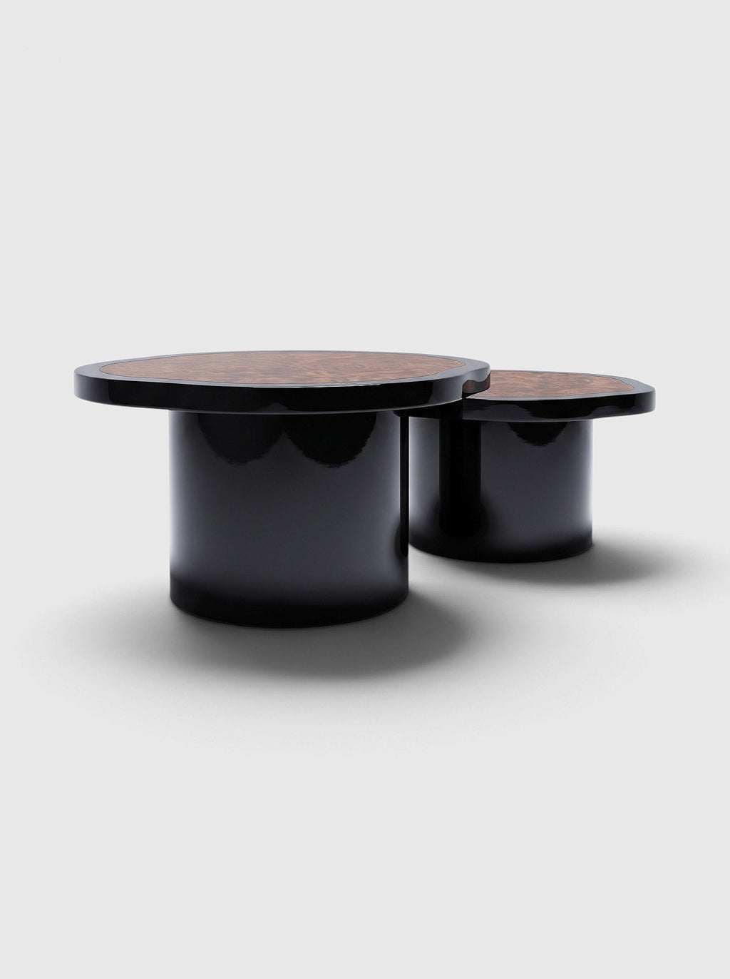 MARBERA Joan Duo black lacquered and dark burl wood coffee tables, side view
