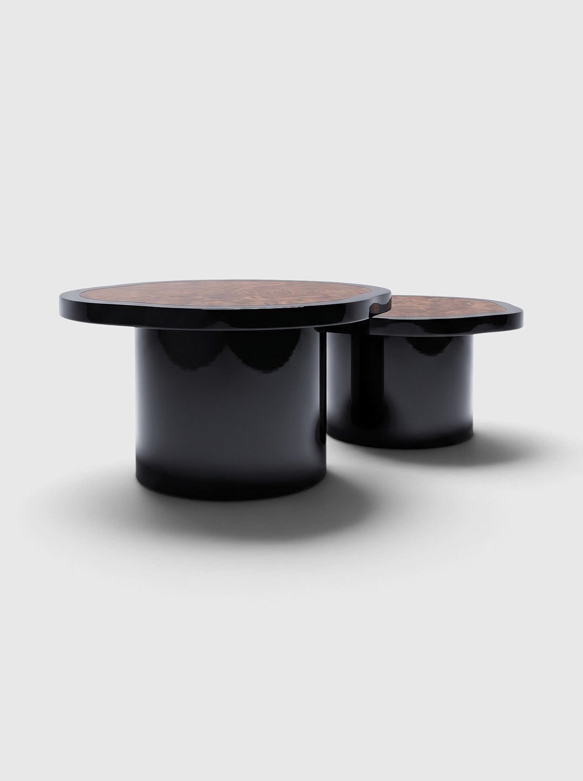 MARBERA Joan Duo black lacquered and dark burl wood coffee tables, side view