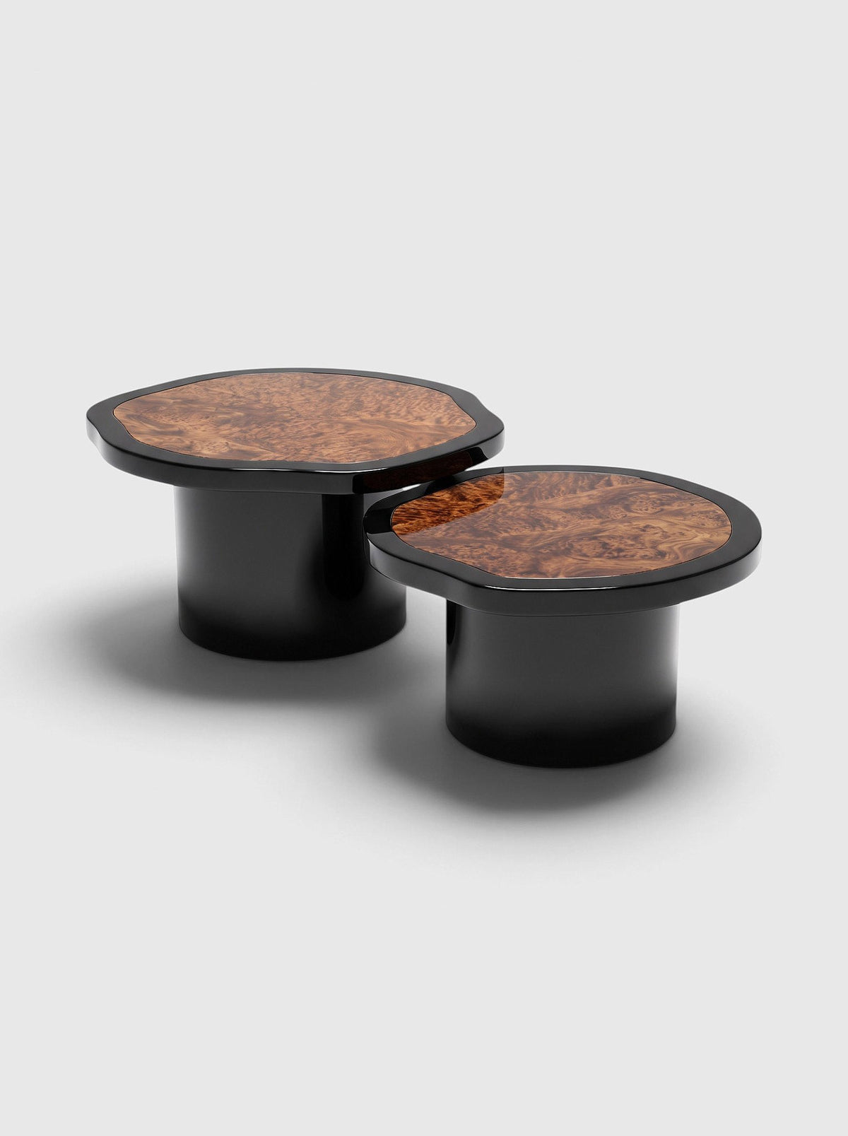 MARBERA Joan Duo black lacquered and dark burl wood coffee tables, detail of the tops
