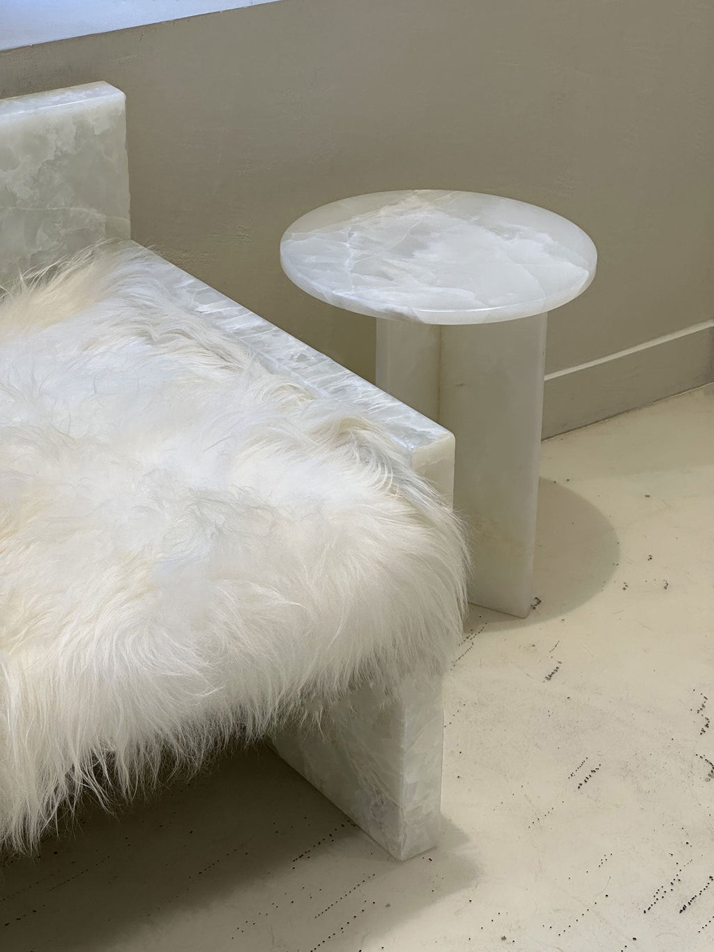 Paired white onyx Rosie tables arrangement showing versatile styling options for luxury interiors
