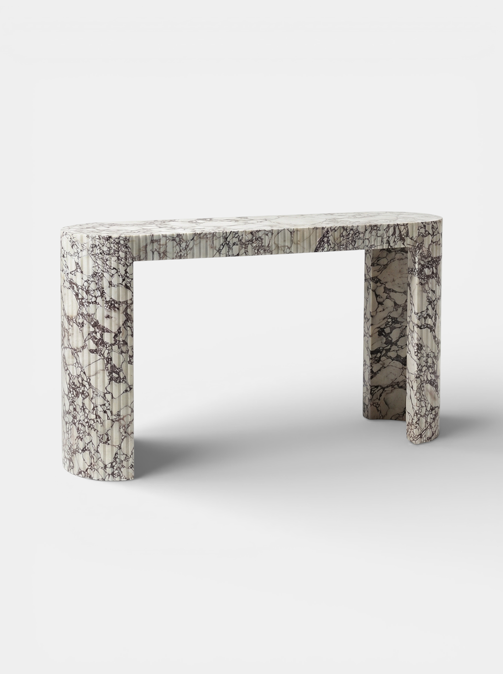 Luna Calacatta Viola marble console three-quarter view showing natural purple marble veining patterns