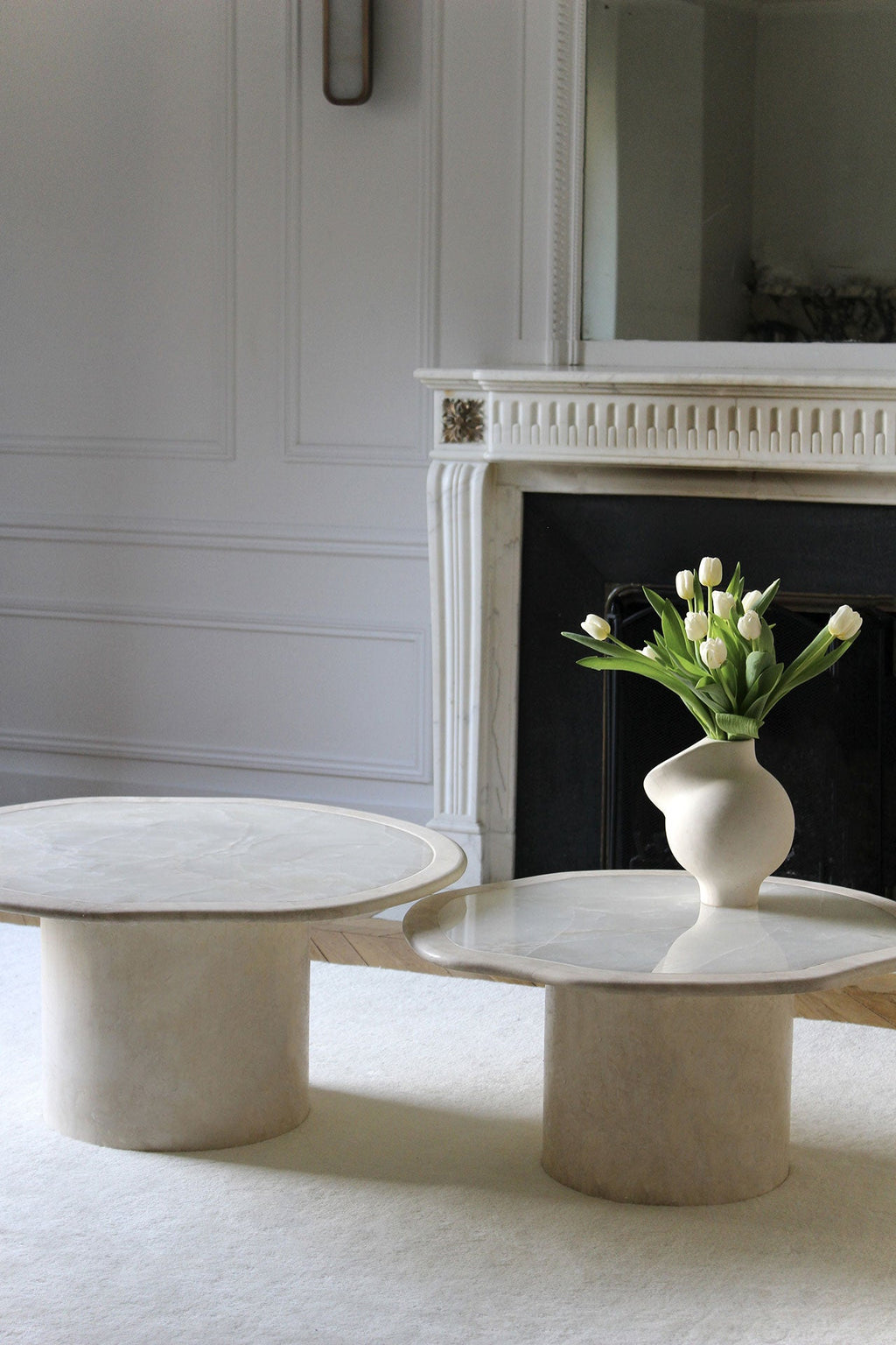 Joan coffee table in white onyx and travertine combination - modern Italian marble furniture set