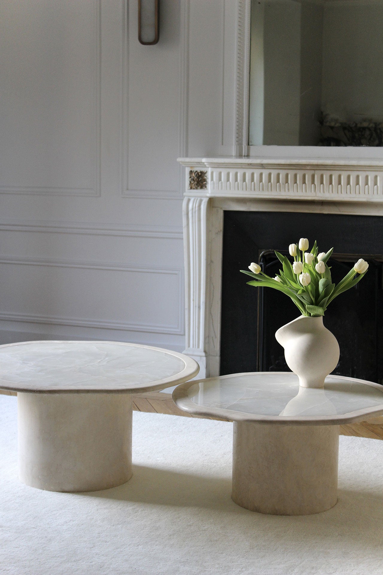 Joan coffee table in white onyx and travertine combination - modern Italian marble furniture set