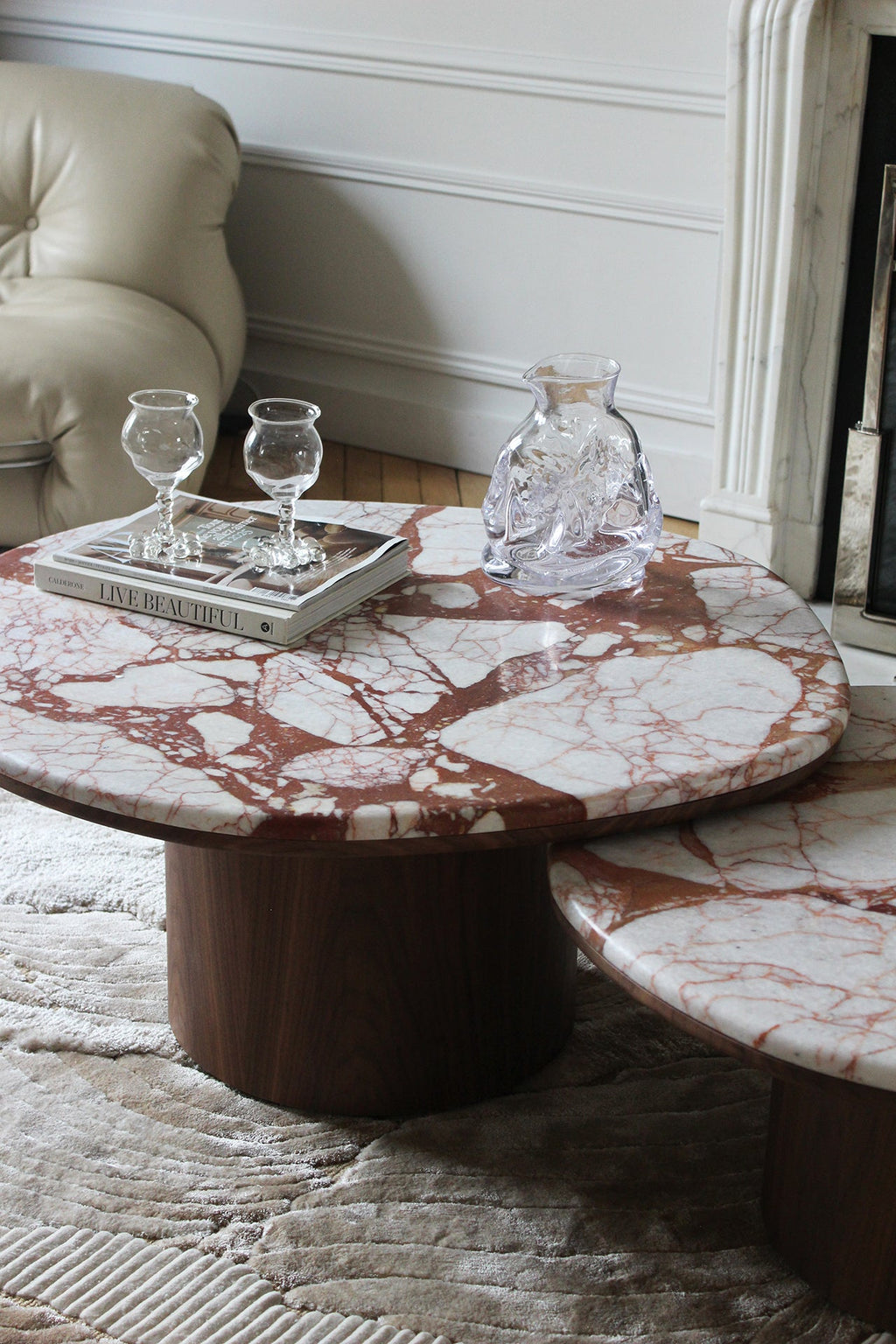MARBERA Alexis duo table Calacatta marble wood combination - premium Italian design side angle