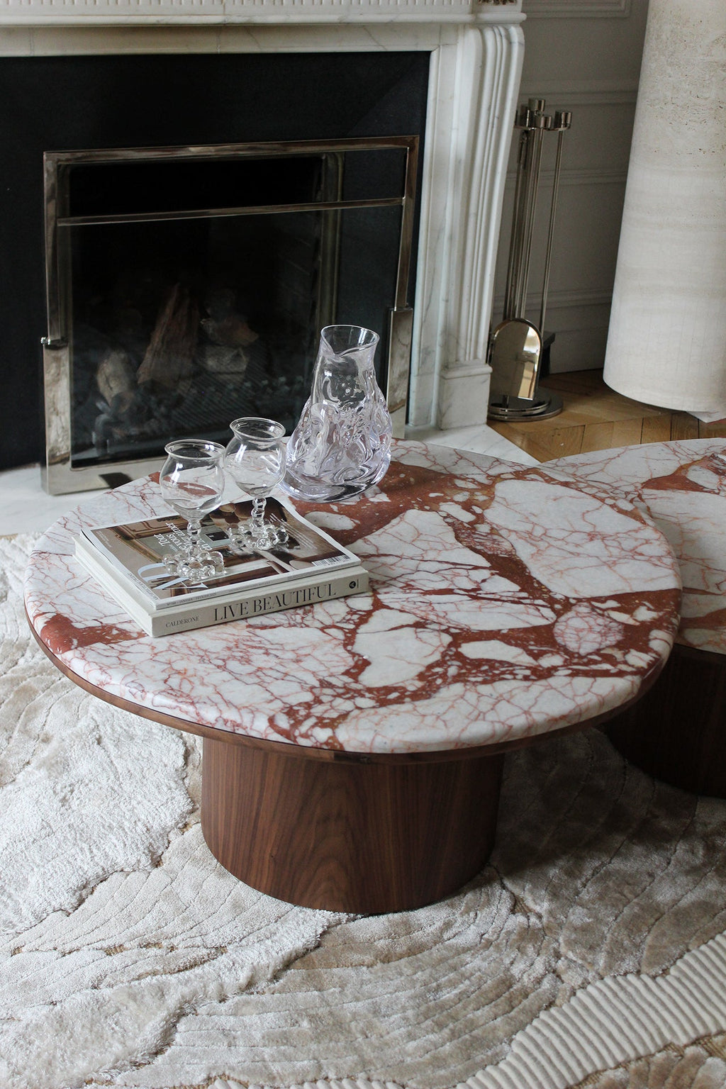 Luxury Italian Alexis table Calacatta marble wood finish - MARBERA designer furniture profile view