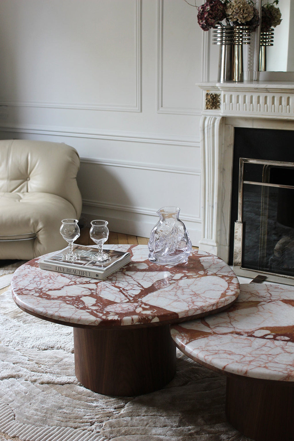 Italian Calacatta Borgogna marble Alexis table with wood base - luxury furniture three quarter view
