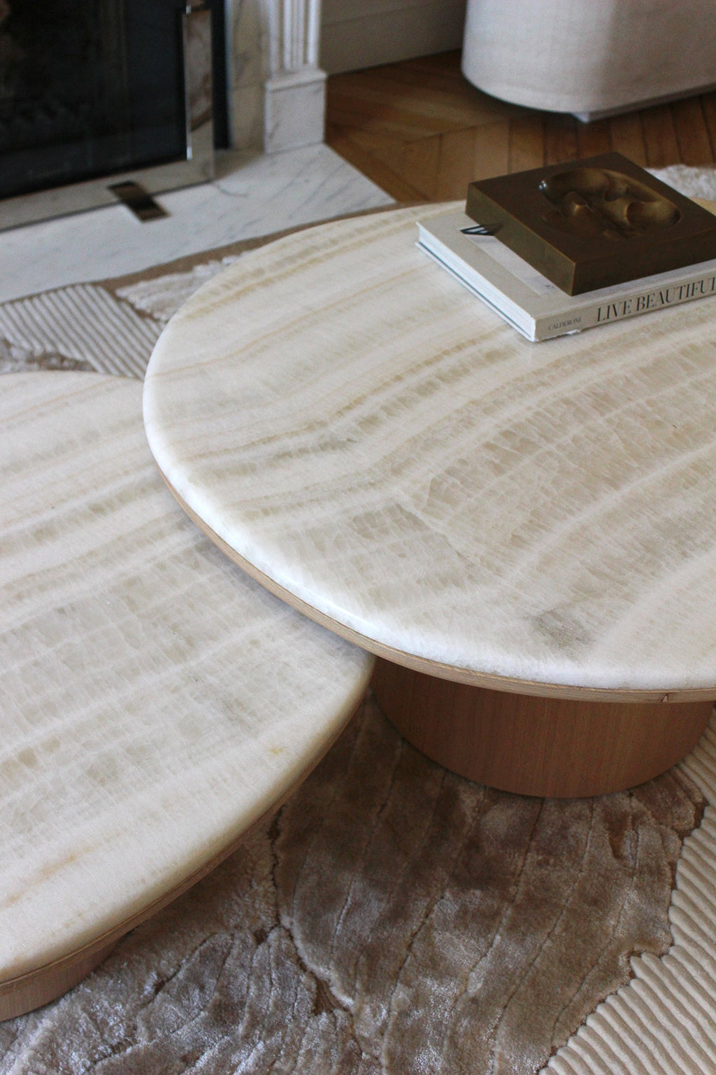 Italian Alexis duo table ivory onyx oak materials - premium designer furniture profile view
