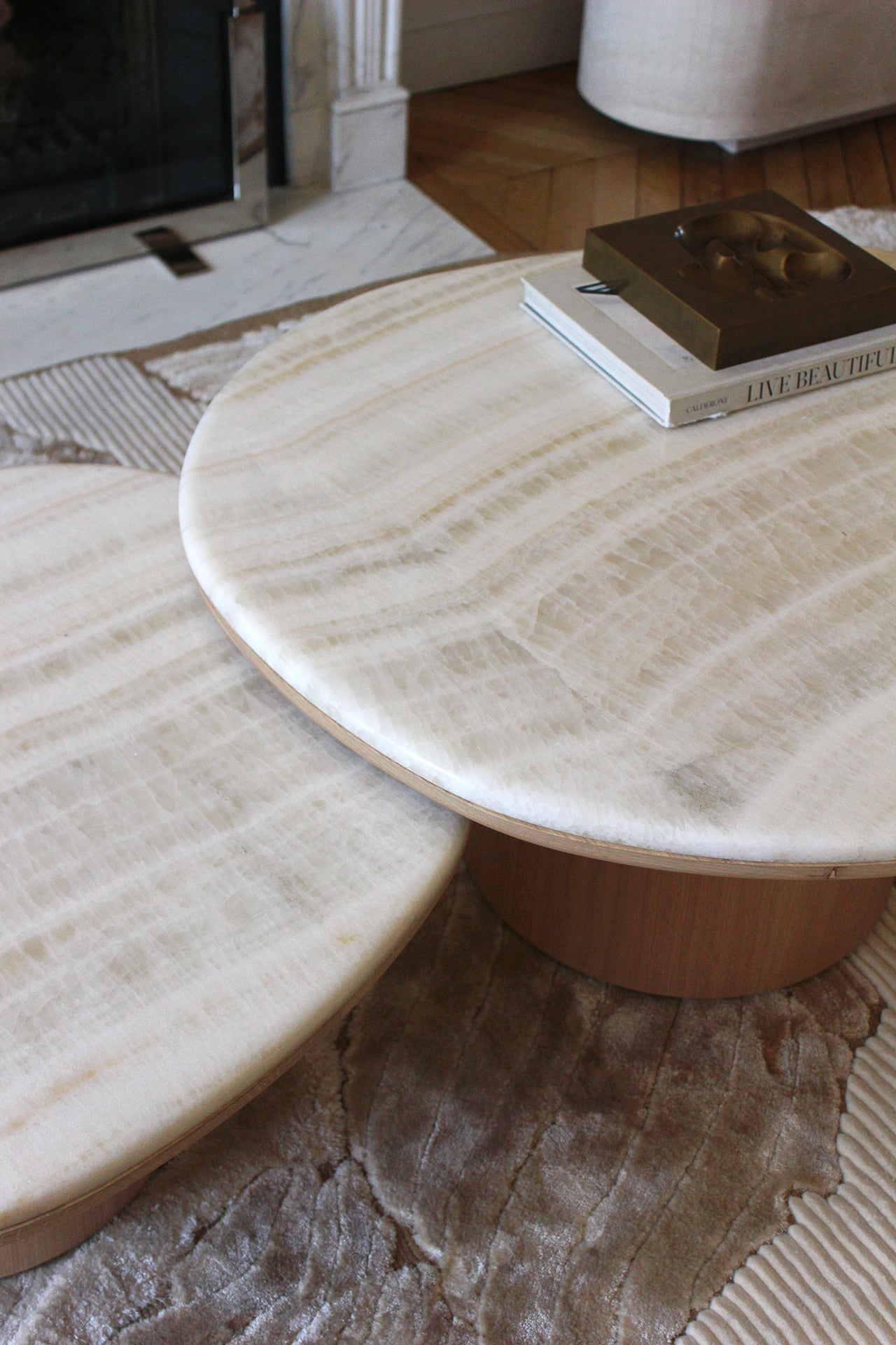 Italian Alexis duo table ivory onyx oak materials - premium designer furniture profile view