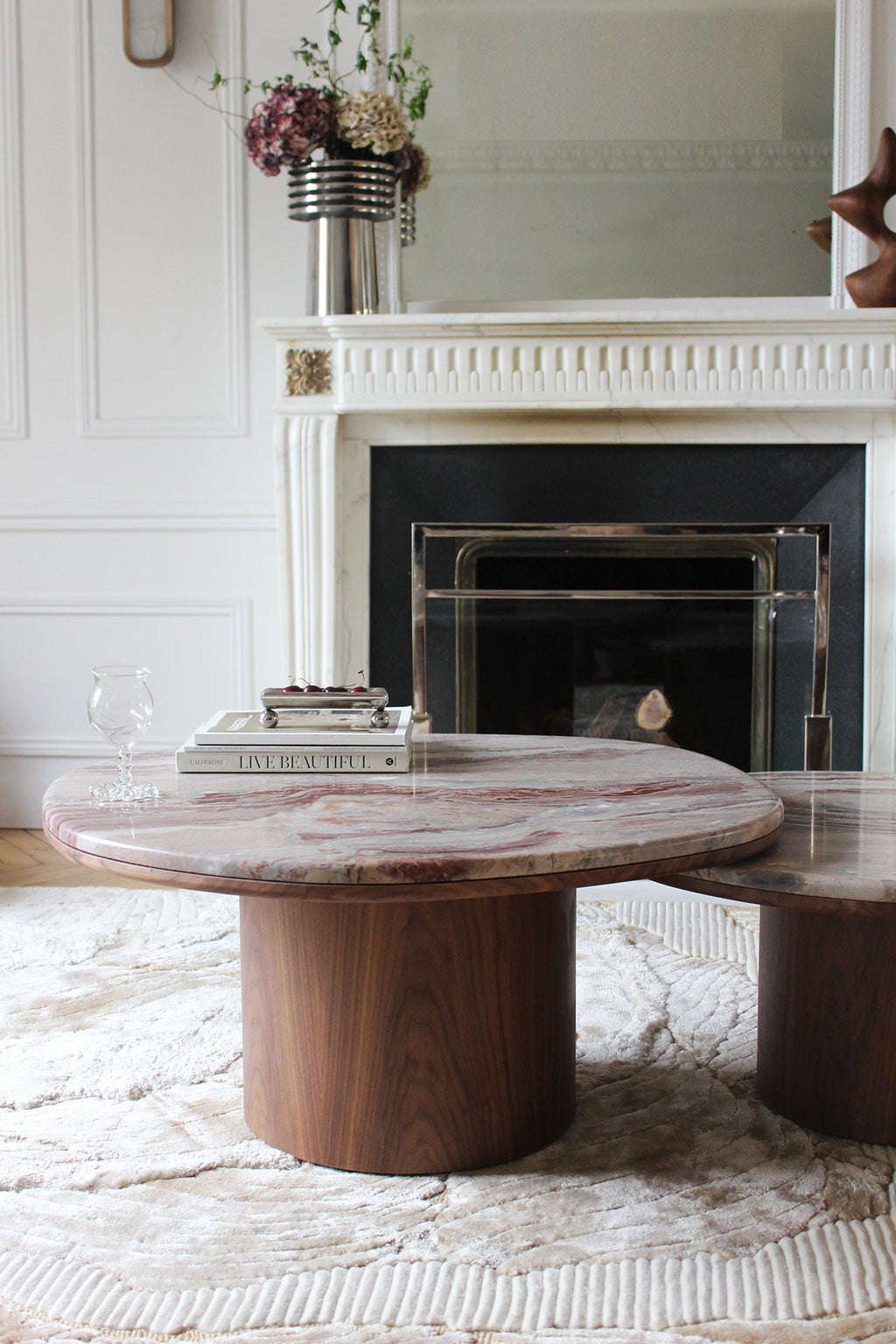 Rosso Orobico marble Alexis table wood base - MARBERA Italian crafted furniture side angle