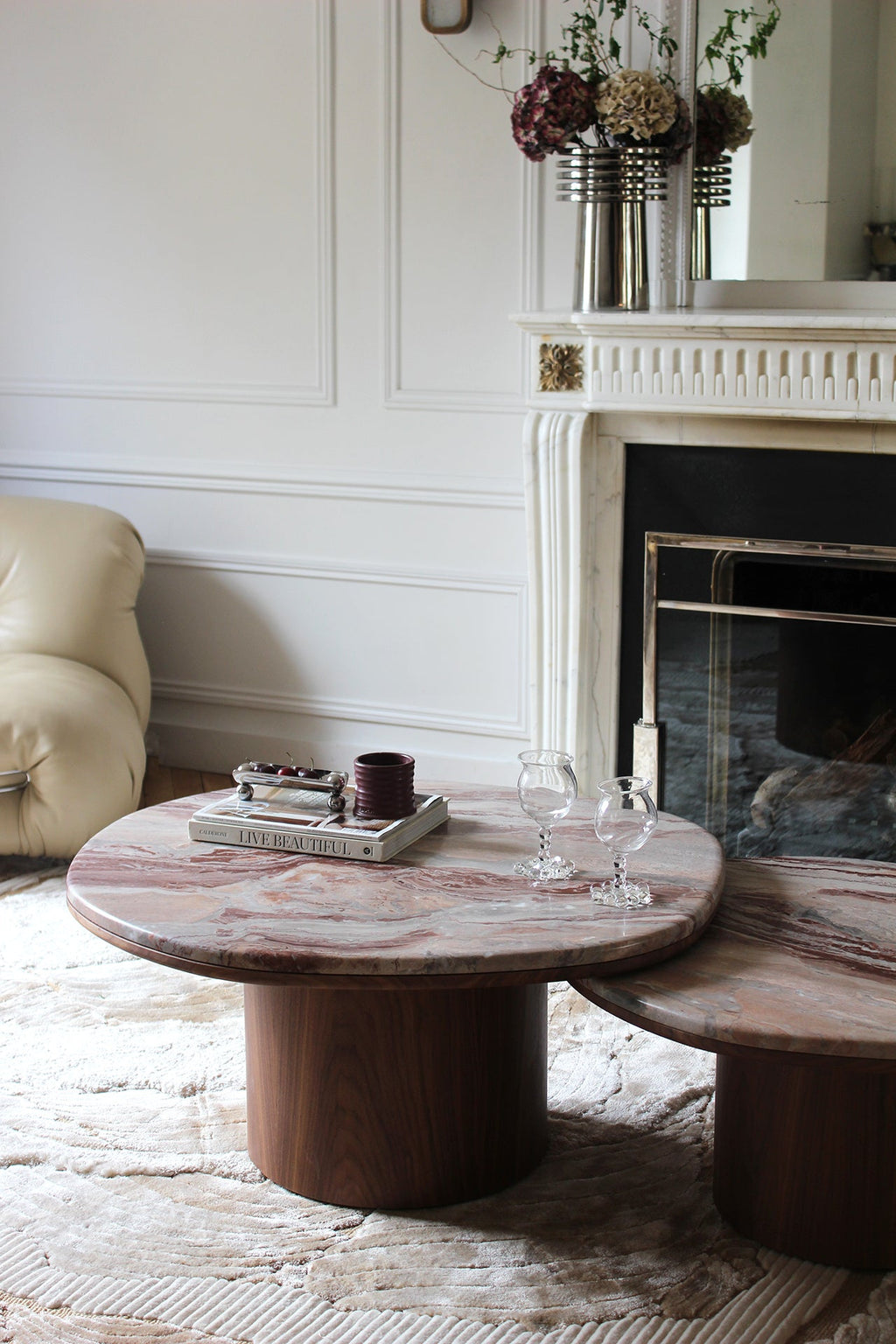 Italian Alexis Rosso Orobico marble wood table - premium designer furniture three quarter view